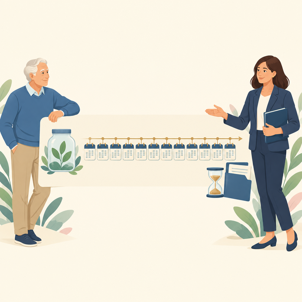 Retiree and advisor reviewing a lifetime income calendar and annuity contract